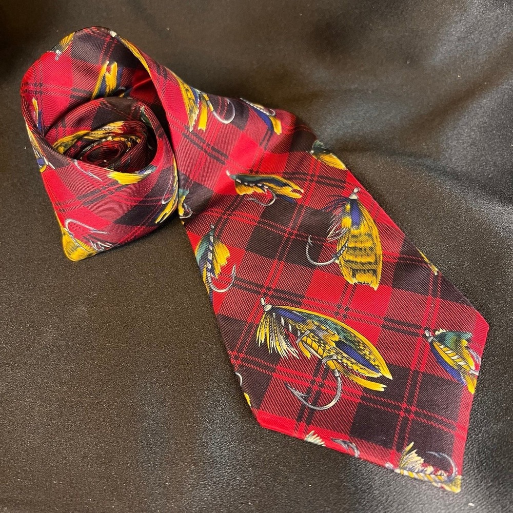 Tommy Hilfiger Red Plaid Fishing Lure Tie